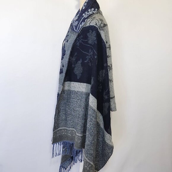 Aurora Paci Italia Blue Gray Floral Print Wool Blend Scarf Wrap Shaw Fringe City - Picture 8 of 16
